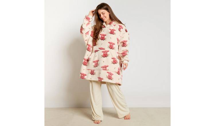 OHS Highland Cow Print Hoodie Blanket - One Size - Cream