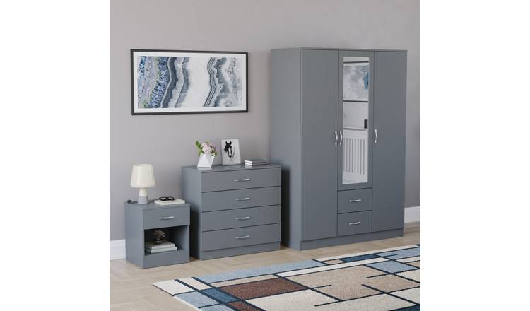 Vida Designs Riano Bedroom Set (Bedside, 4 Drawer Chest, Mirror Wardrobe) - Grey
