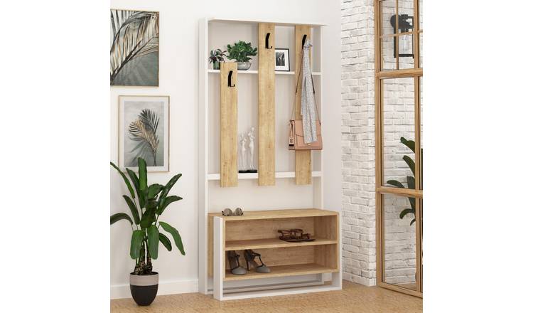 Decortie Chester Particleboard Hall Tree Coat Stand - Oak and White