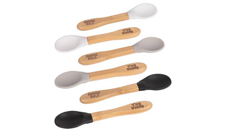 Tiny Dining 6pc Children's Bamboo Silicone Tip Spoon Set 14cm - Black White Grey