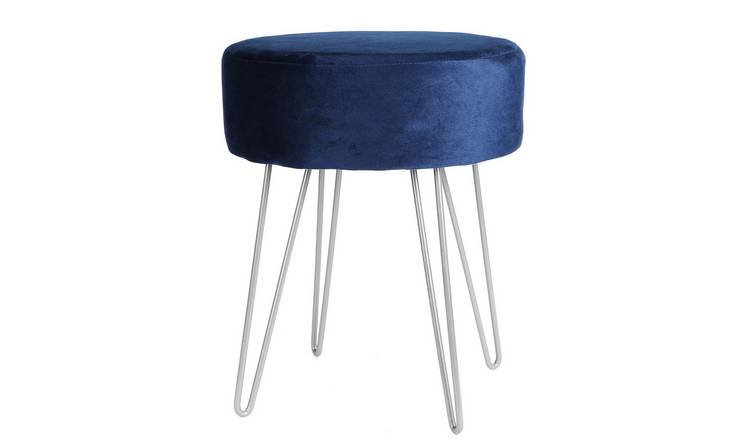Harbour Housewares Round Velvet Footstool - Blue/Silver