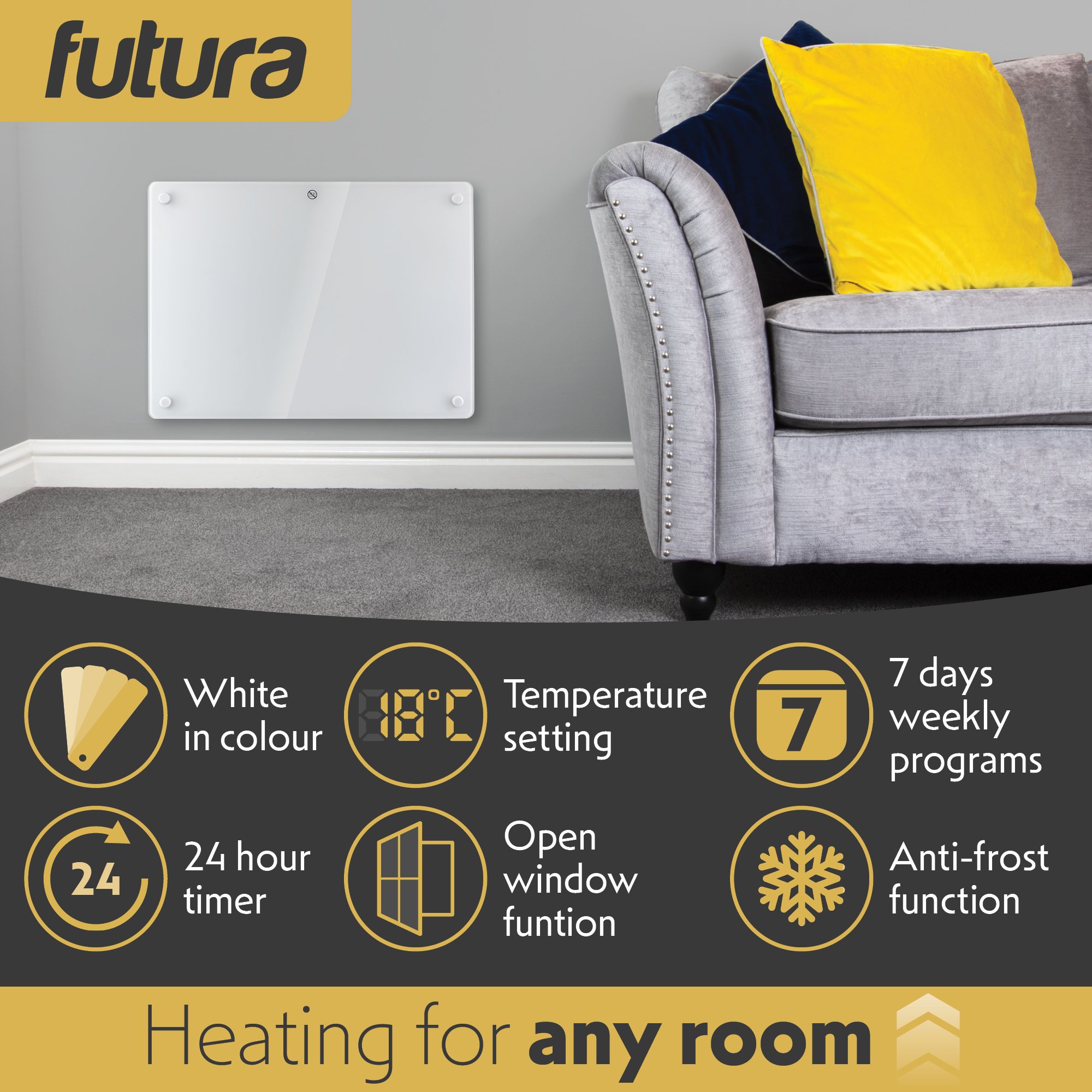 Futura 1000W Electric Panel Heater - White Glass - Image 3
