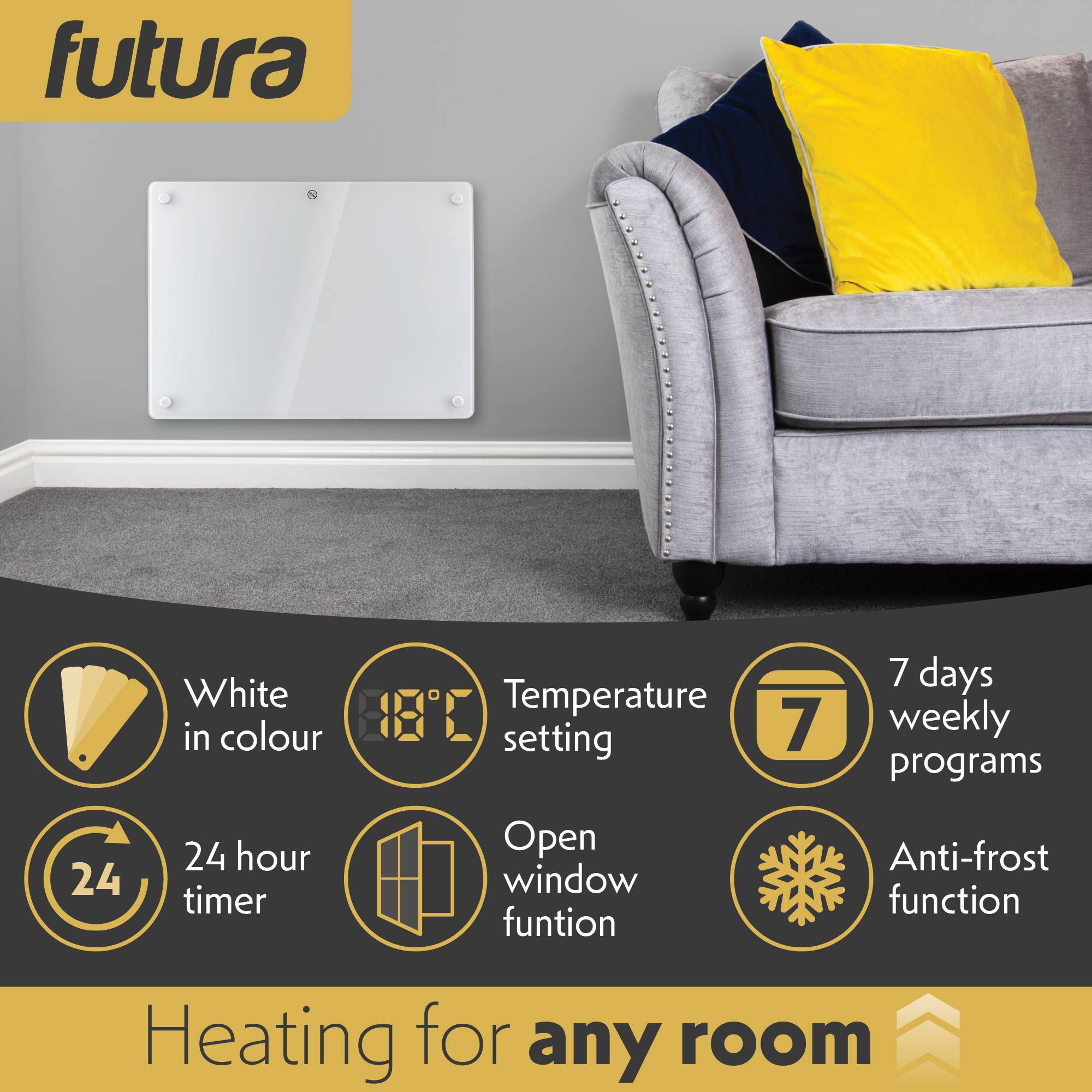 Futura 1000W Electric Panel Heater - White Glass - Image 3
