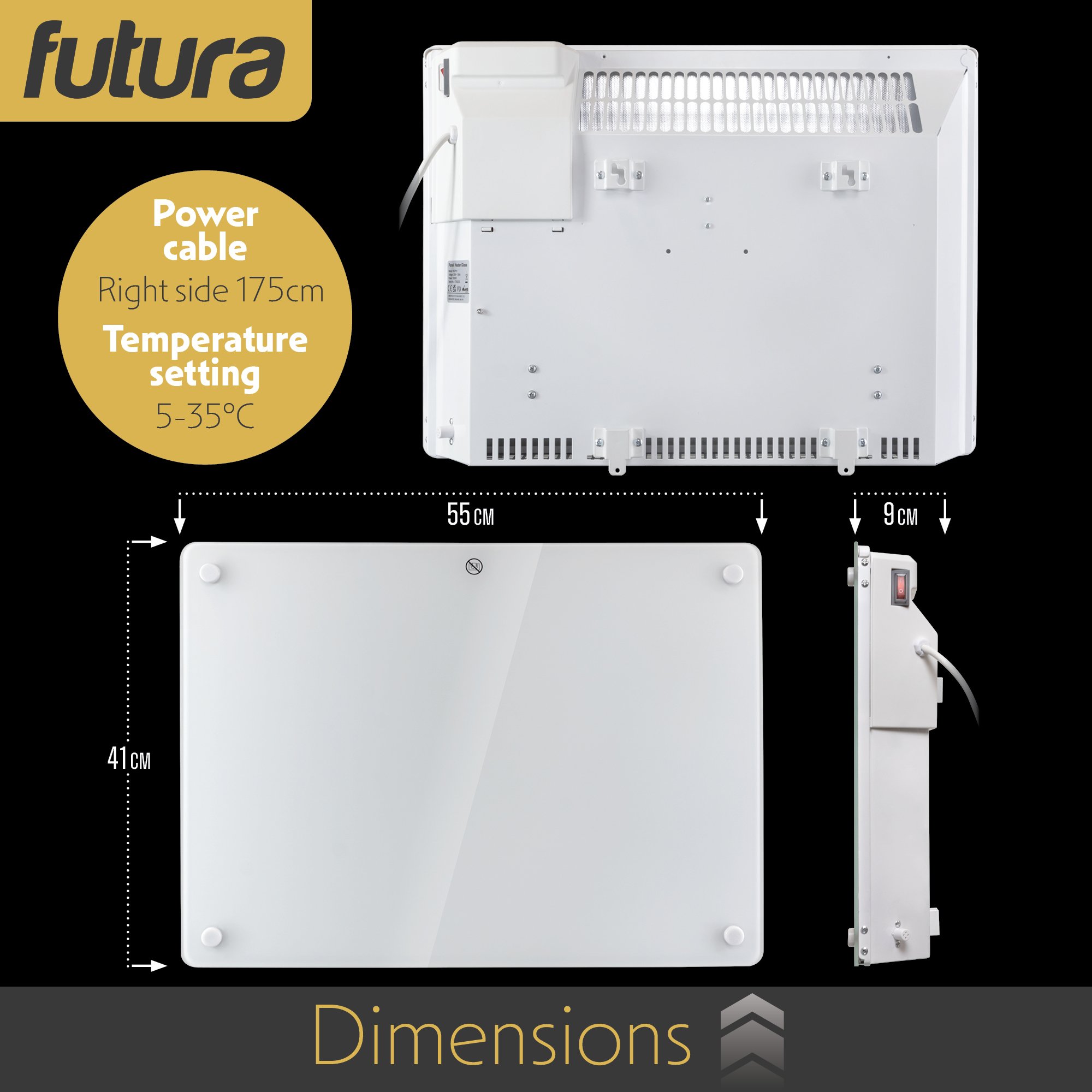 Futura 1000W Electric Panel Heater - White Glass - Image 5