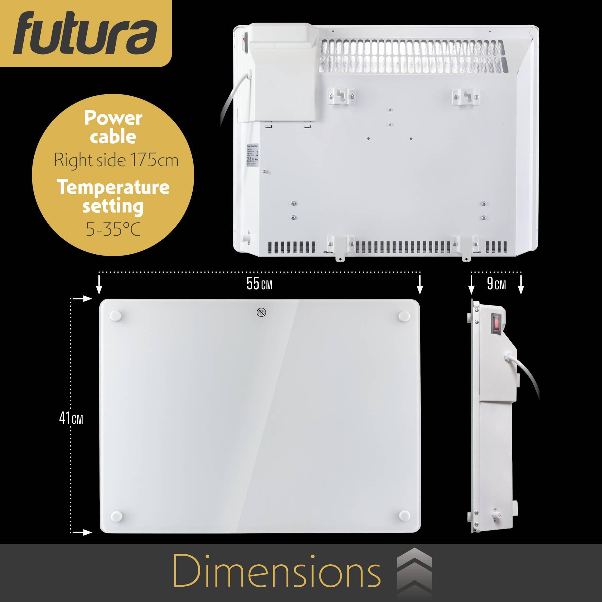 Futura 1000W Electric Panel Heater - White Glass - Image 5