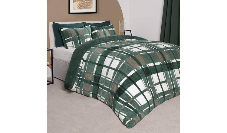 OHS Teddy Fleece Duvet Cover Set Bedding Check Dark Green - King