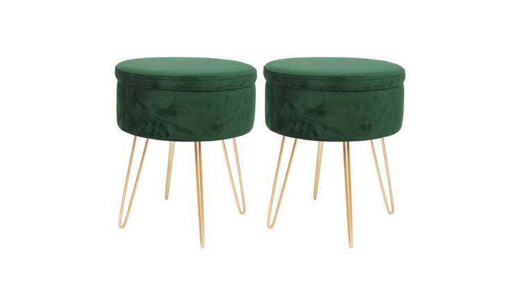 Harbour Housewares Round Velvet Storage Footstools - Green/Gold - Set of 2