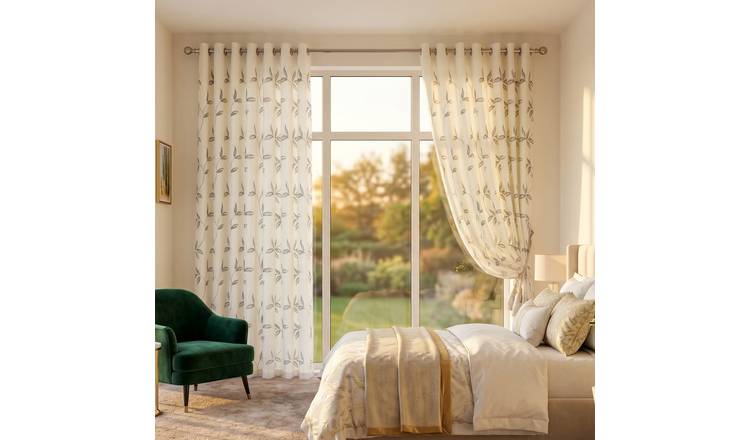Luxury Living Leaf Embroidered Voile Eyelet Curtains 229cm x 229cm - Silver