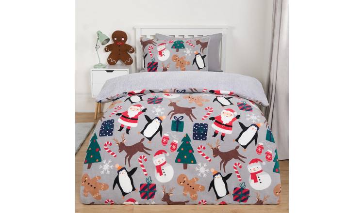 OHS Santa Sherpa Duvet Cover Set Xmas Bedding Grey - Single
