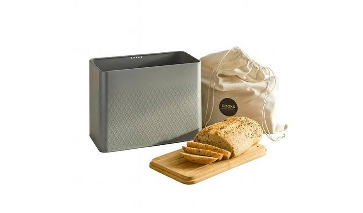 Cooks Professional Square Bread Bin, Linen Bag and Bamboo Board Set - Grey