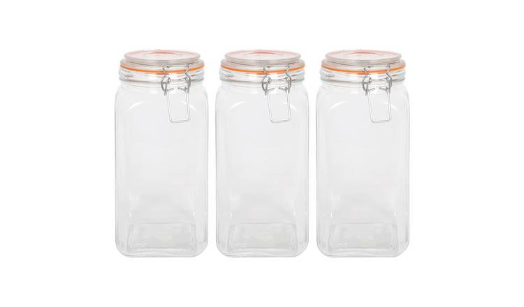 Argon Tableware Square Glass Jars with Clip-Top Lids - Pack of 3