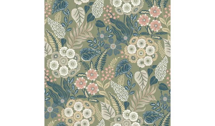 Grandeco Alice Retro Mid Century Floral Textured Wallpaper - Blue Green