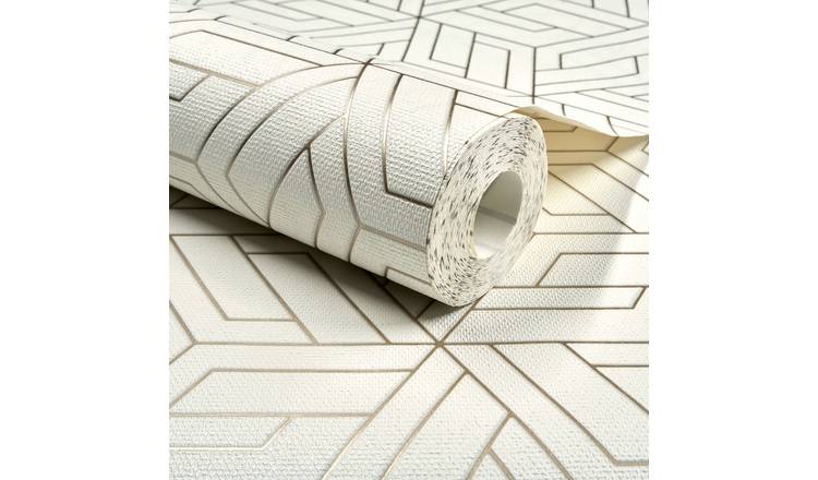 Grandeco Cobra Geometric Pattern Metallic Blown Vinyl Wallpaper - White