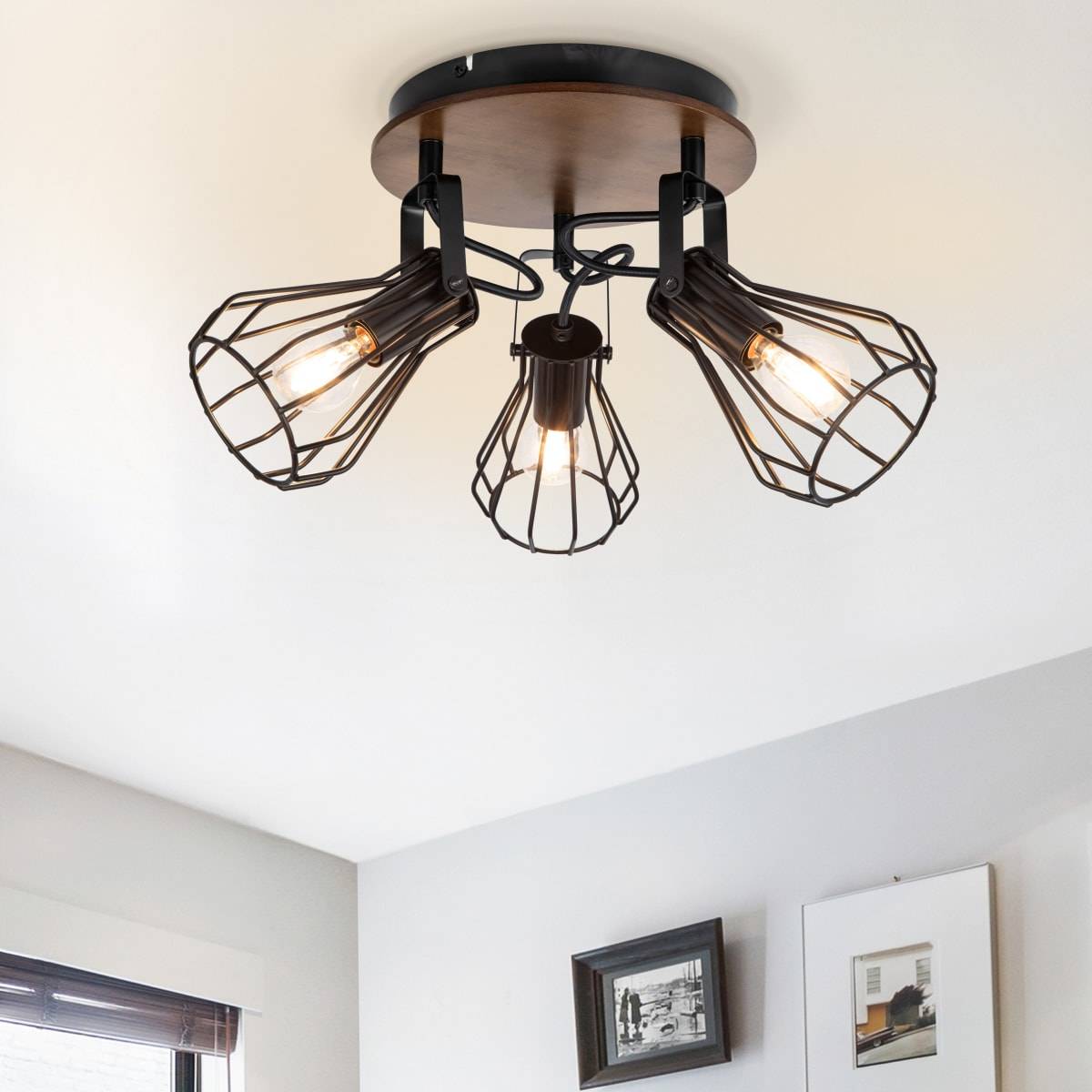Cosylyte Kendan 3 Light Matt Black Wire Shade Spotlight on Round Wooden Plate - Image 1