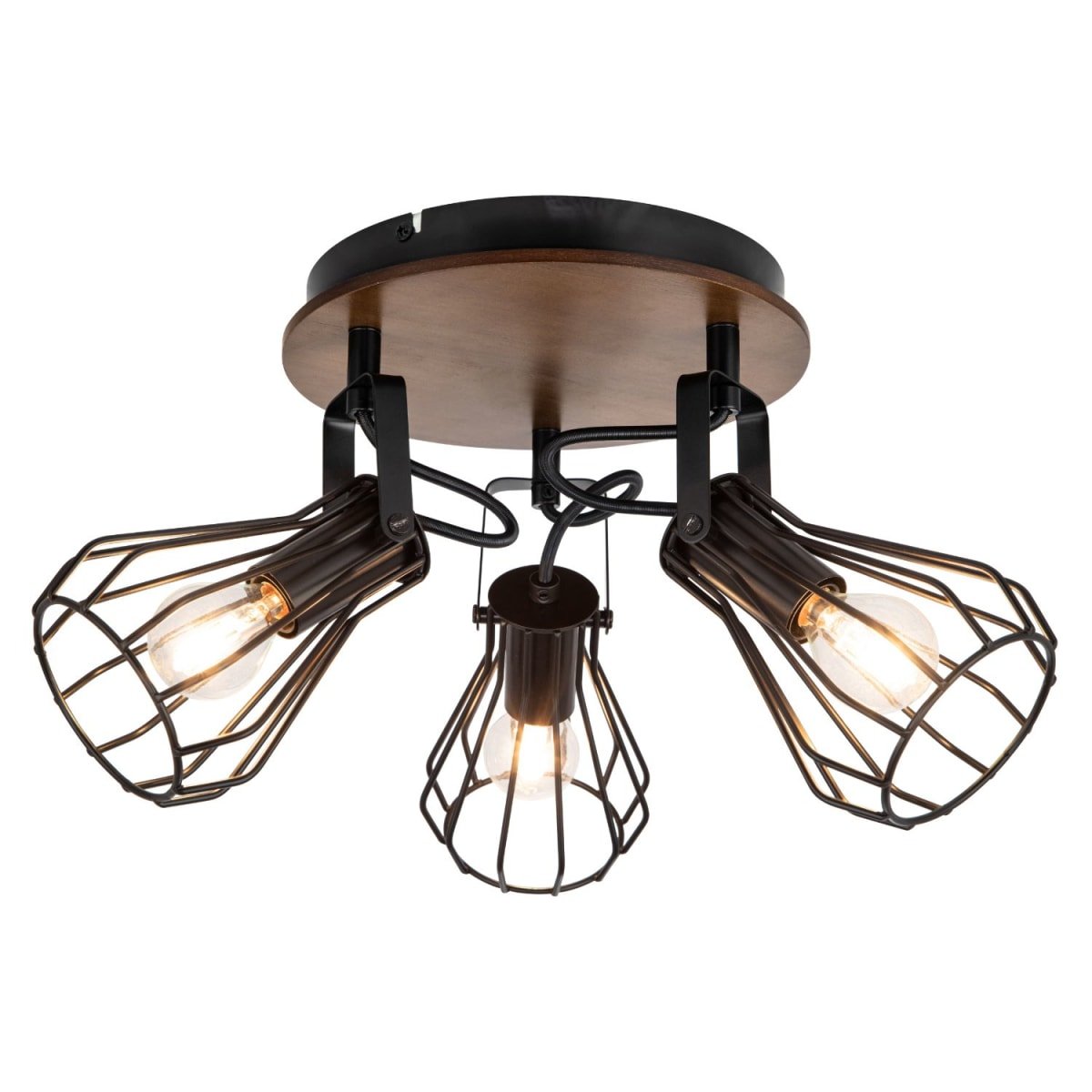 Cosylyte Kendan 3 Light Matt Black Wire Shade Spotlight on Round Wooden Plate - Image 3