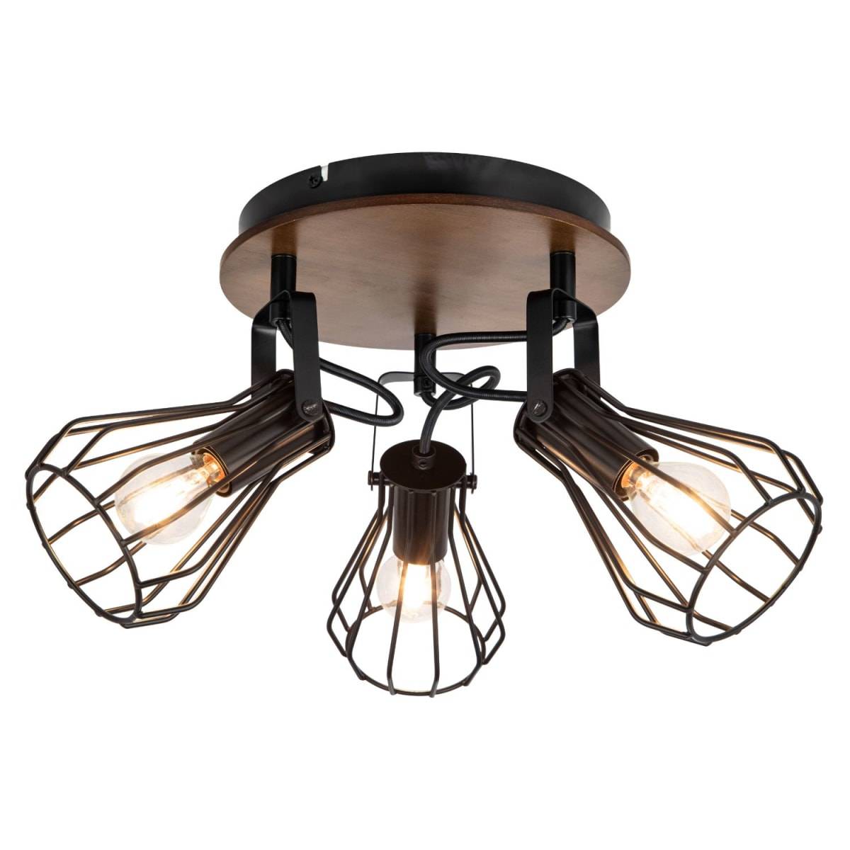 Cosylyte Kendan 3 Light Matt Black Wire Shade Spotlight on Round Wooden Plate - Image 3