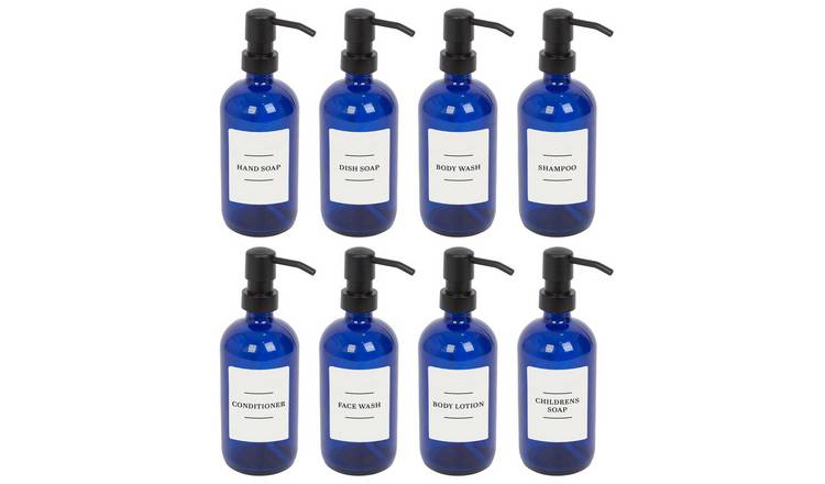 Harbour Housewares Soap Dispensers with Labels  - Blue/White - Set of 8