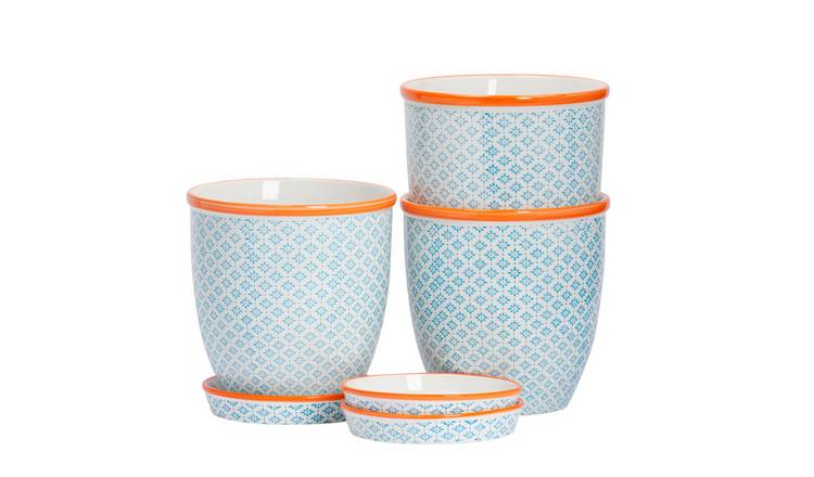 Nicola Spring Hand-Printed Plant Pots with Saucers - Blue - Pack of 3