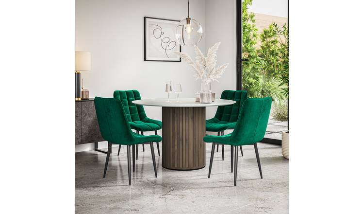 Furniture Online Arlo Nova Walnut Top w Wal Legs Dining Table & 4 Green Chairs