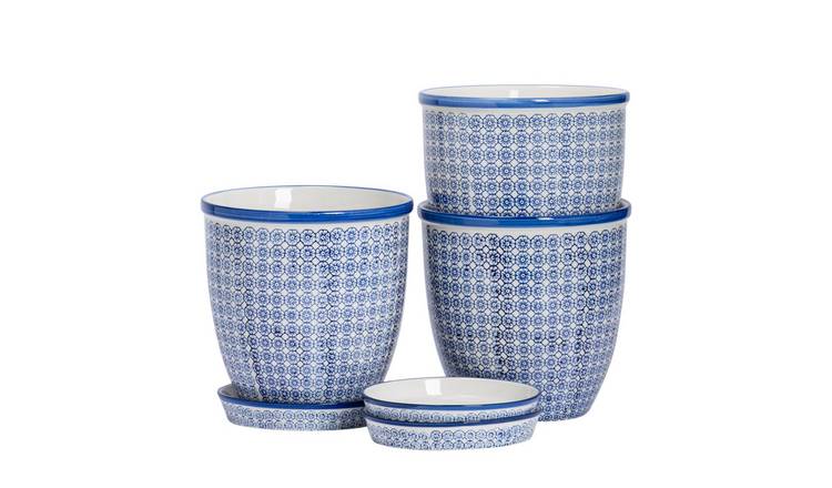 Nicola Spring Hand-Printed Plant Pots with Saucers - Navy - Pack of 3