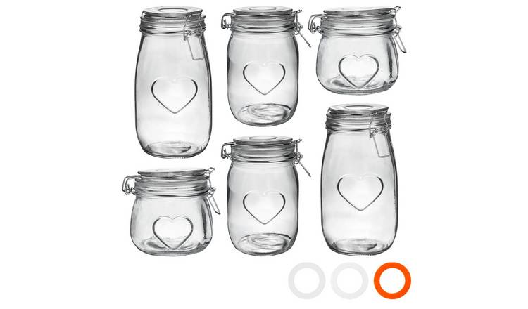 Nicola Spring Heart Glass Storage Jars - 3 Sizes - Pack of 6