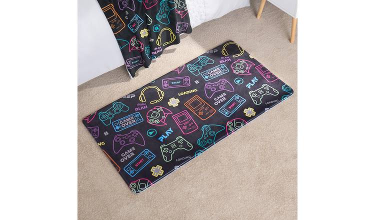 OHS Kids Washable Gaming Print Supersoft Rug - 65 x 120cm - Black