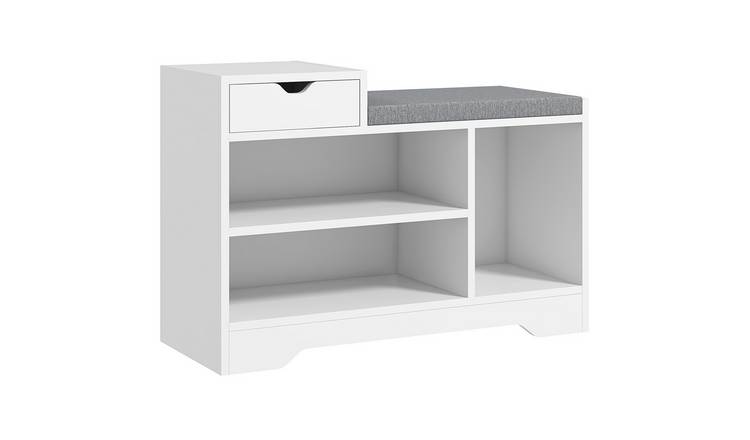 HOMCOM Shoe Bench with Seating Cushion and 3 Open Compartments - White