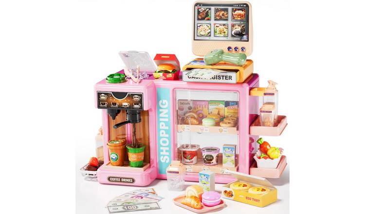 deAO Grocery Store Playset With Coffee Machine - Pink