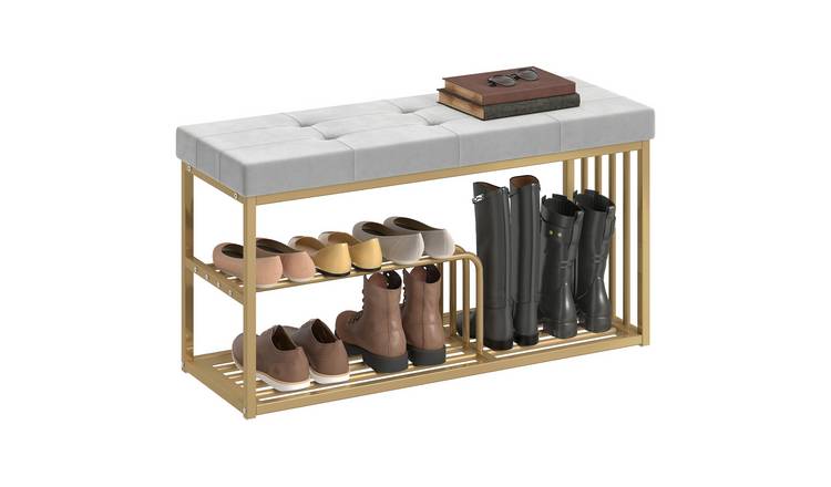 HOMCOM Shoe Storage Bench with Velvet Seat Cushion and Steel Frame - Grey
