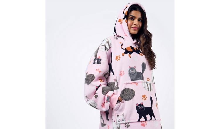 OHS Cat Print Hoodie Blanket - One Size - Blush