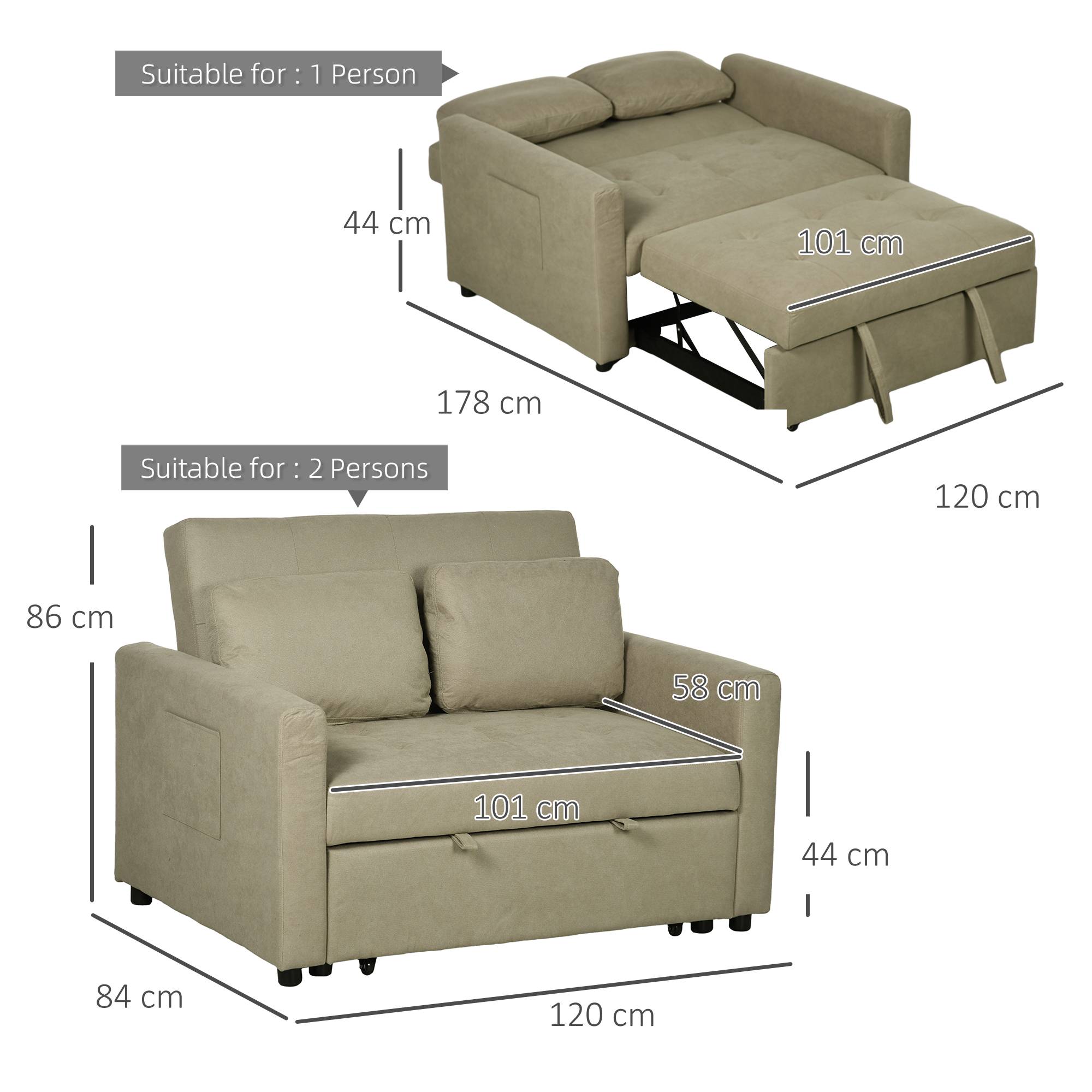 HOMCOM 2 Seater Fabric Modern Sofa Bed with 2 Pillows - Brown - Image 6