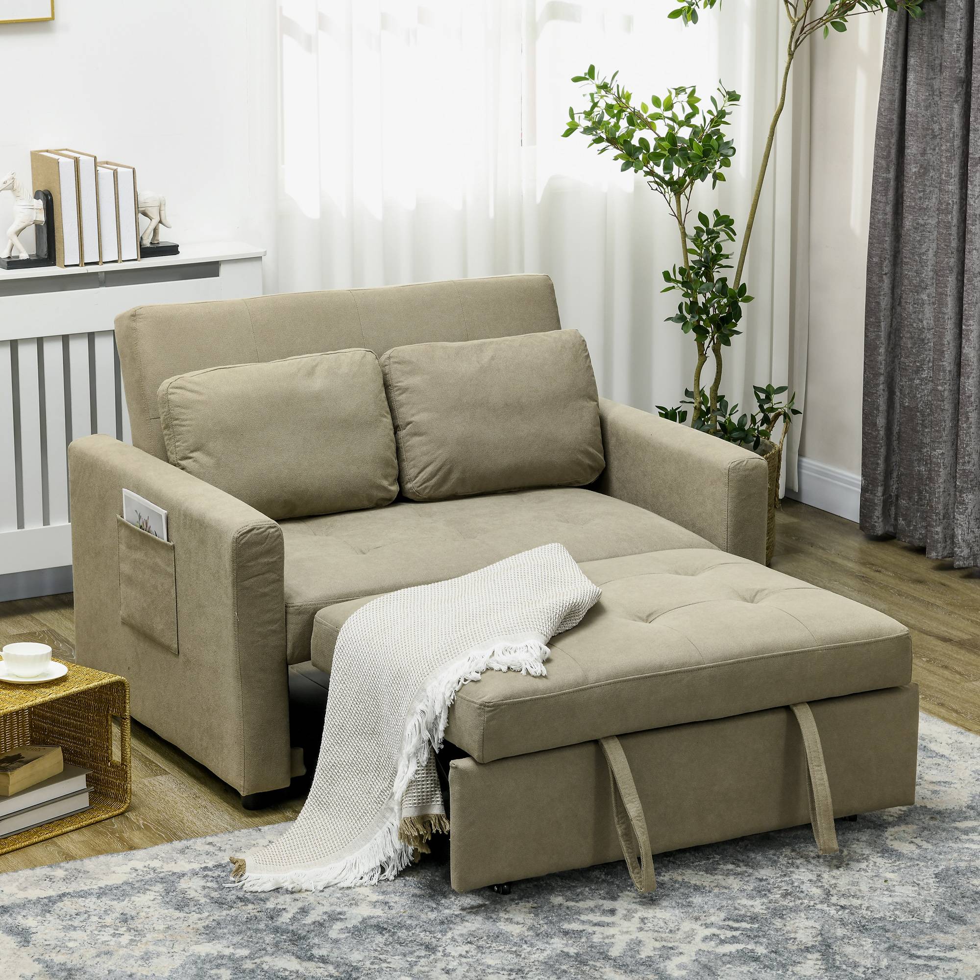 HOMCOM 2 Seater Fabric Modern Sofa Bed with 2 Pillows - Brown - Image 2
