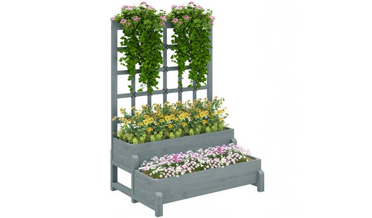 Outsunny 2 Tier Wooden Raised Garden Bed with Drainage Holes - Grey