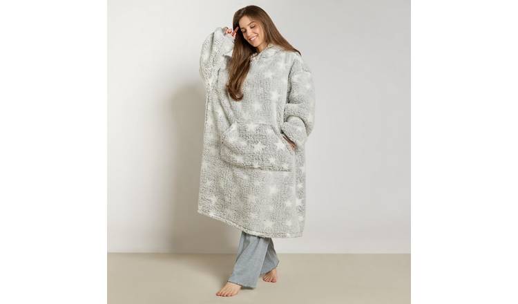 OHS Star Print Teddy Marl Hoodie Blanket - Extra Long - Grey