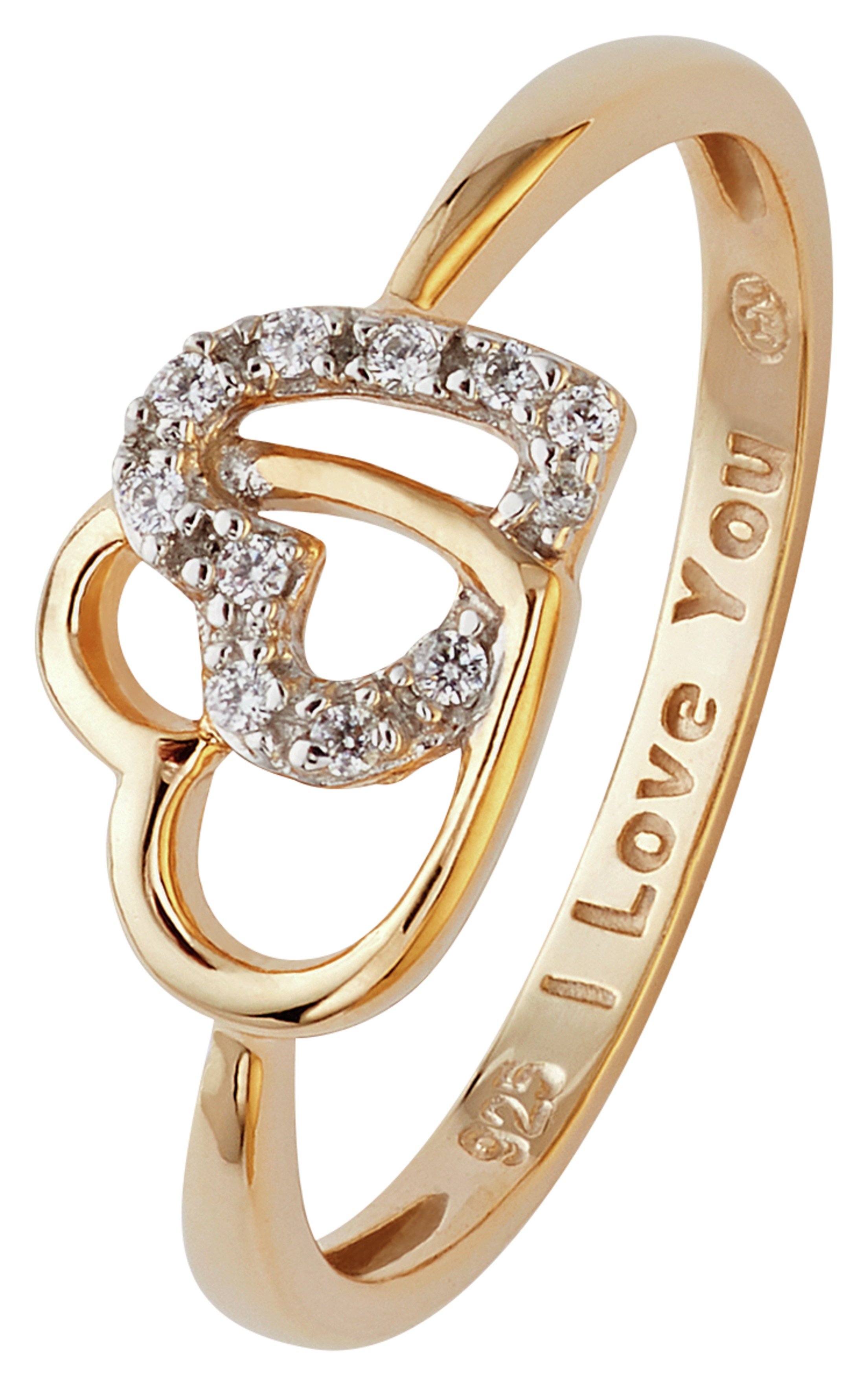 Moon & Back 9ct Gold Plated Silver Two Heart CZ Message Ring