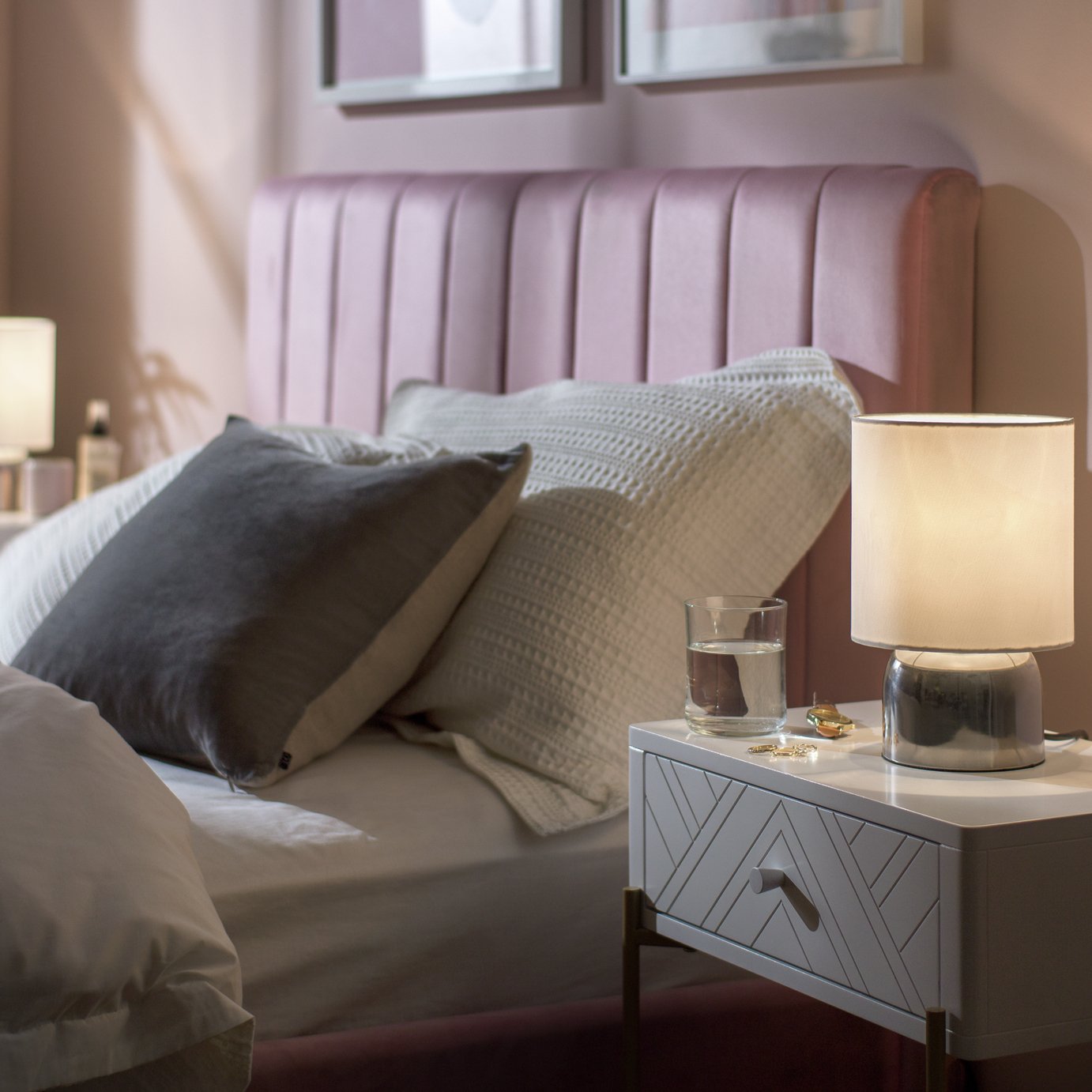 grey and white bedside lamps