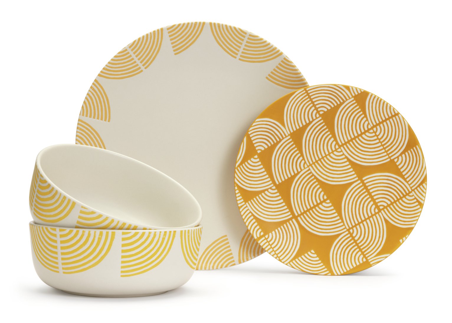 Habitat Block Print 12 Piece Stoneware Dinner Set - Yellow