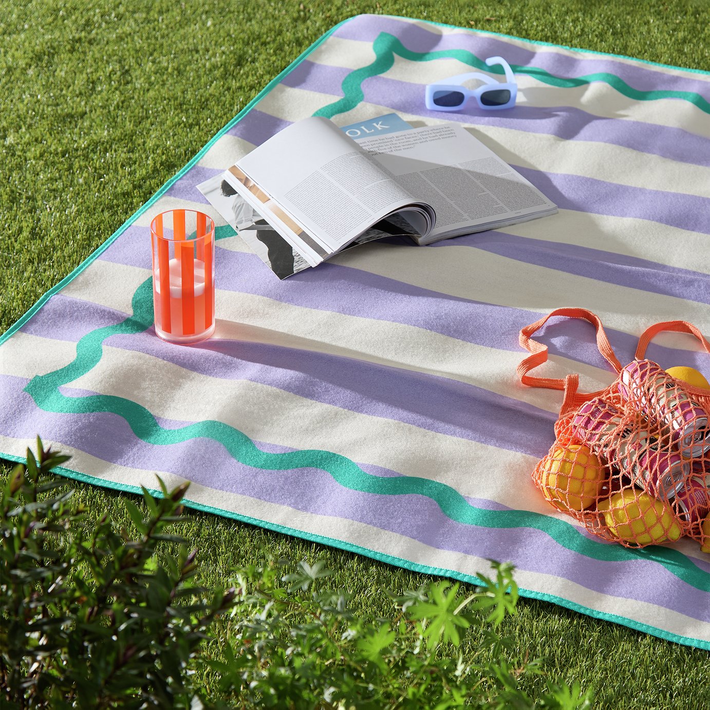 Purple stripy picnic blanket with a book, food and drink set up on grass