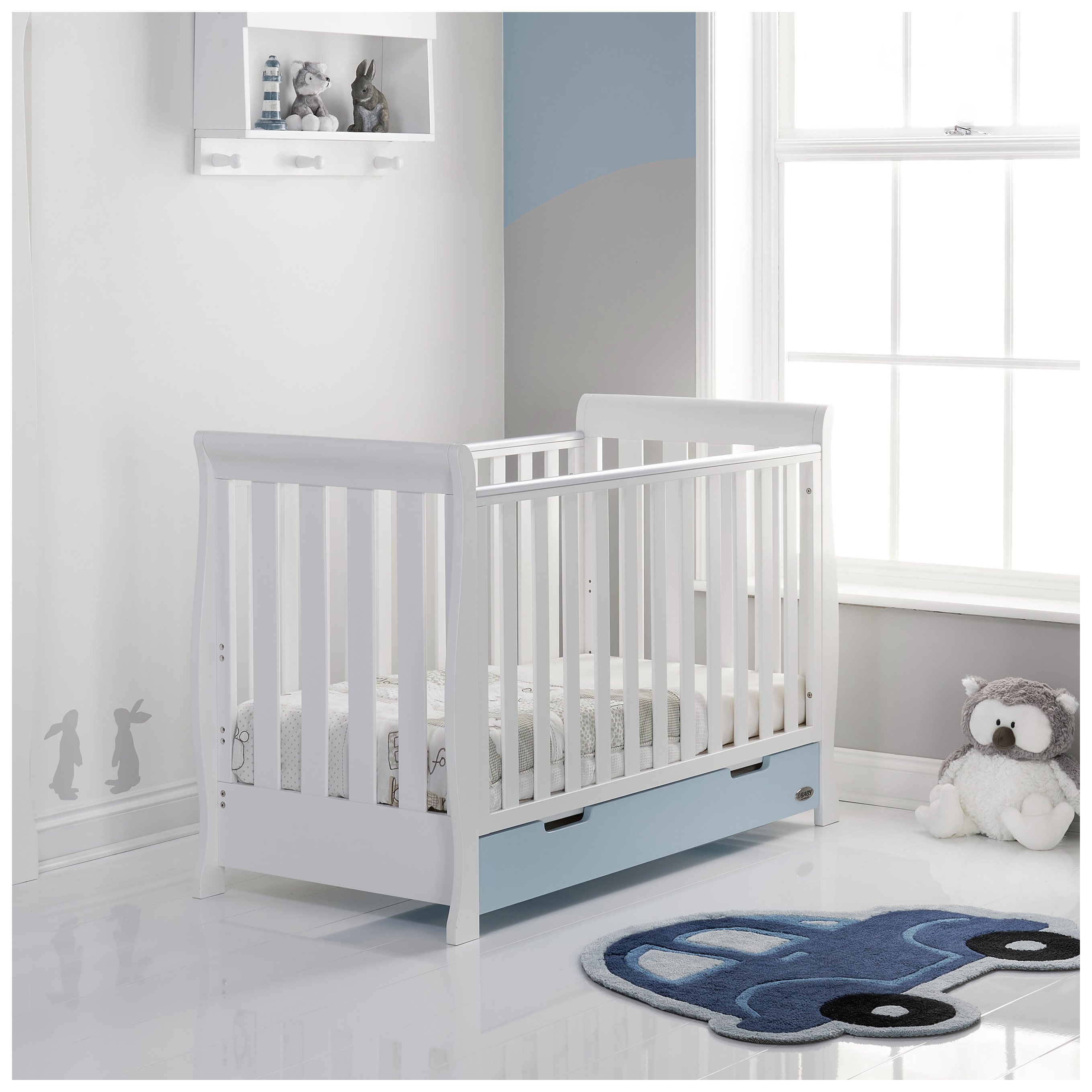 Obaby Stamford Mini Sleigh Cot Bed - White & Bonbon Blue