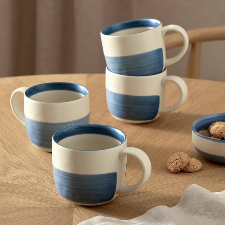 Habitat Artisan Stripe Set of 4 Stoneware Mugs - Blue 0