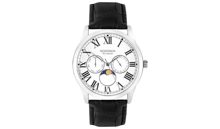 Sekonda Men's Moon Phase Dial Black Leather Strap Watch