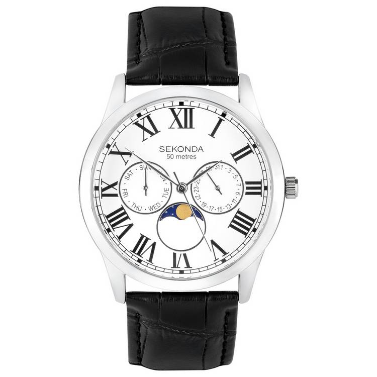 Sekonda Men's Moon Phase Dial Black Leather Strap Watch 0