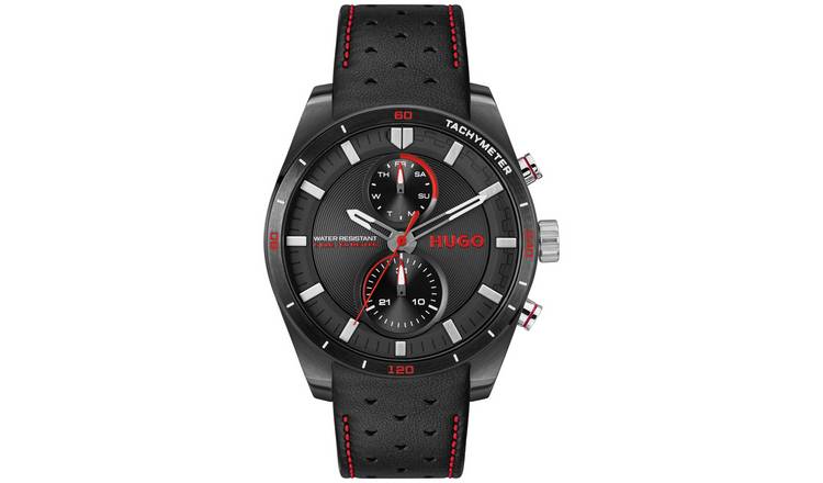 HUGO Men's Black Leather Strap Multifunction Watch