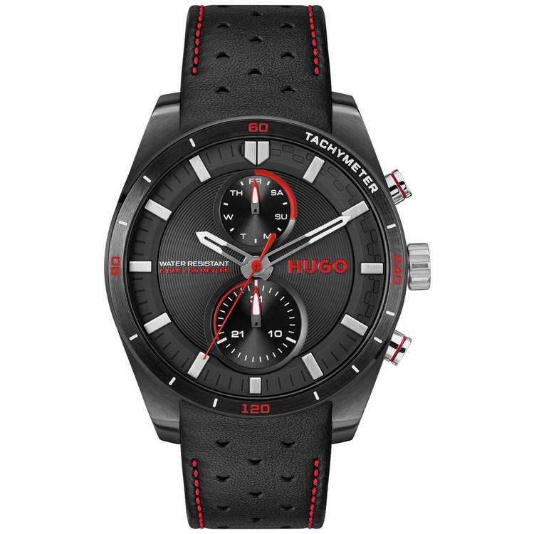 HUGO Men's Black Leather Strap Multifunction Watch 0