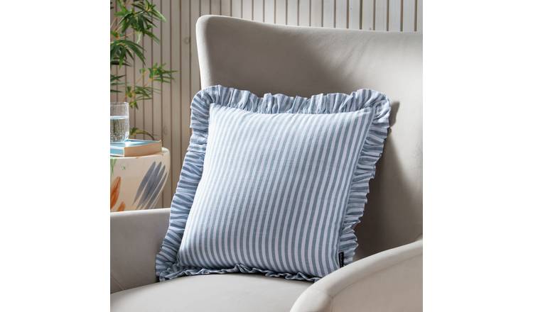 Habitat Blue Stripe Ruffle Cushion Cover - 43x43cm