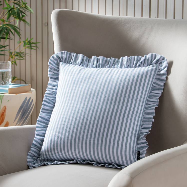 Habitat Blue Stripe Ruffle Cushion Cover - 43x43cm 0