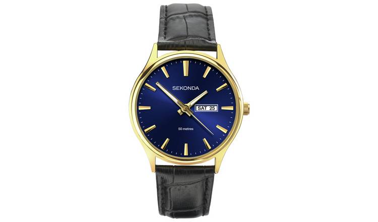 Buy Sekonda Men s Black Leather Strap Blue Dial Watch Men s watches Argos