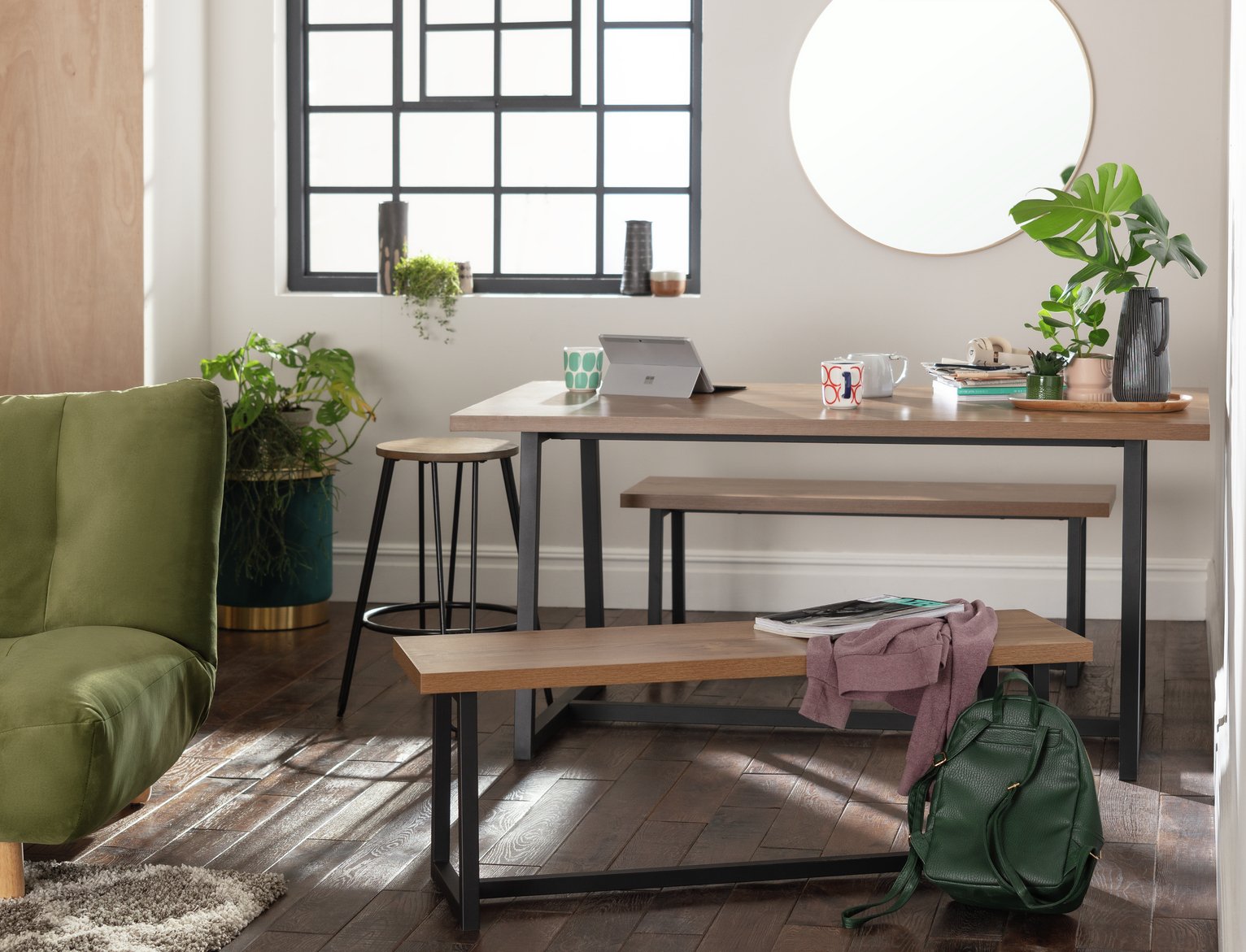 Habitat Nomad Non-Extending Oak Dining Table & 2 Oak Benches