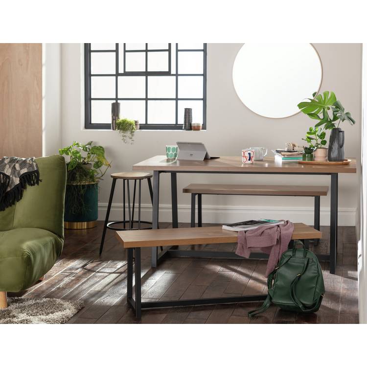 Habitat Nomad Non-Extending Oak Dining Table & 2 Oak Benches 0