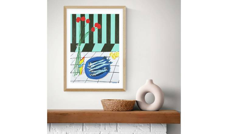 East End Prints Striped Sardines Oak Frame Art Print  - A3